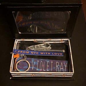 NWT Violet Ray Black Leather Credit Card Zipper Pouch Silver Ring Geometric Pull